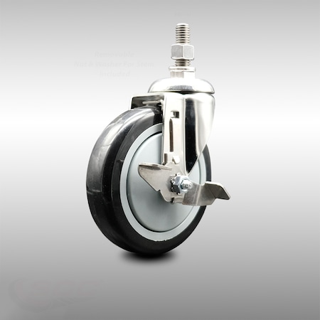 Service Caster 5 Inch 316SS Black Polyurethane Swivel 10mm Threaded Stem Caster with Brake SCC-SS316TS20S514-PPUB-BLK-TLB-M1015